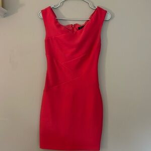 coral pink tight and stretchy bandage dress with wide neckline